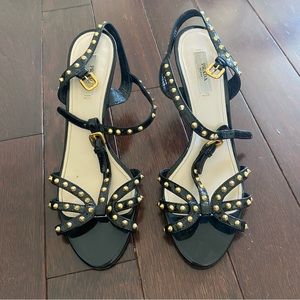Prada Studded Black Patent T-strap Heels
